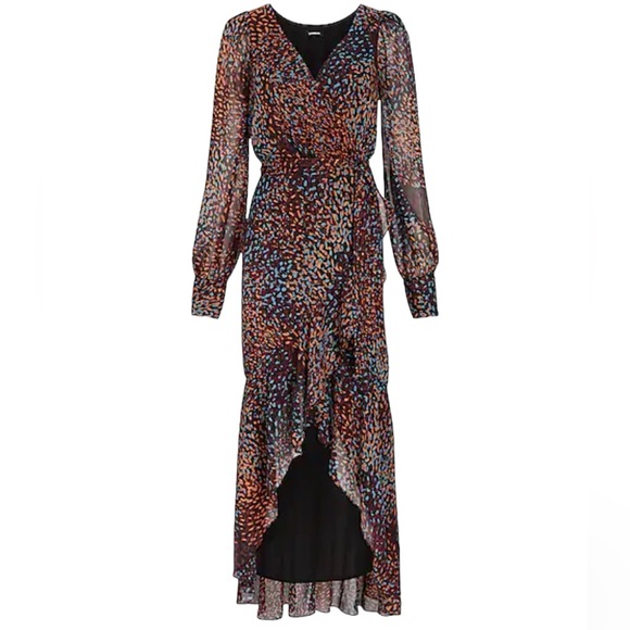 NWT Express Metallic Printed Faux Wrap Ruffle Hi-Lo V-neck Maxi Dress XXS - Picture 2 of 14